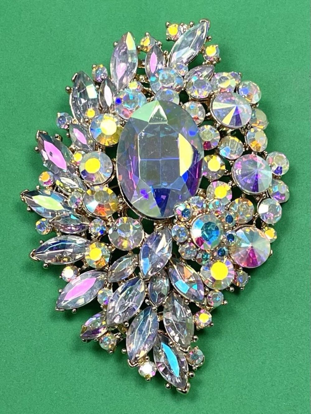 Stunning Large 4" Goldtone & Irridescent Rhinestone Statement BROOCH Pin Jewelry